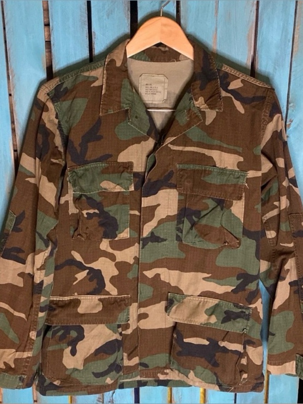 Vintage Y2K US Army woodland camouflage bdu top size small long green brown tan